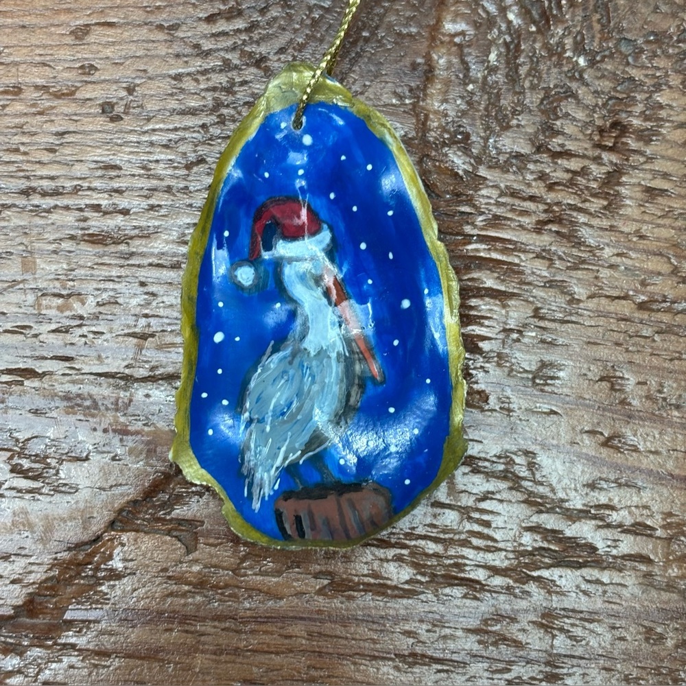 Hand-Painted Pelican Oyster Shell Christmas Ornament Small